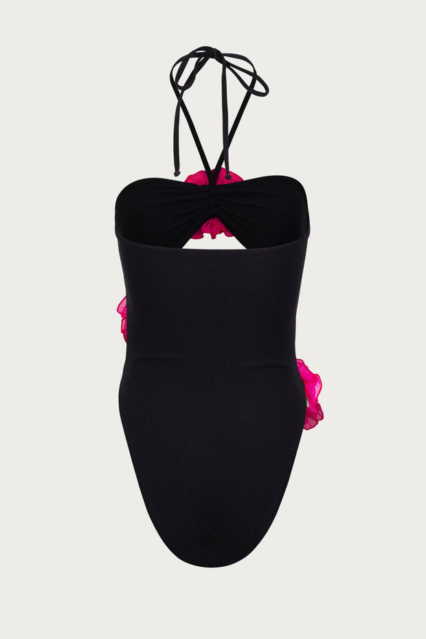 Rose Cut Out One Piece (Faux Suede Black/Fuchsia)