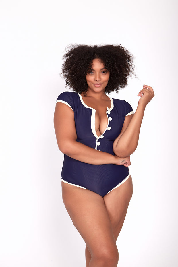 The Grace One Piece (Ribbed Navy/Cream)