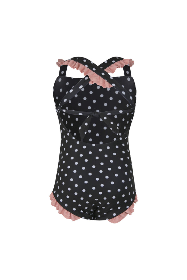 ruffle one piece (black white polka dot/ribbed blush)