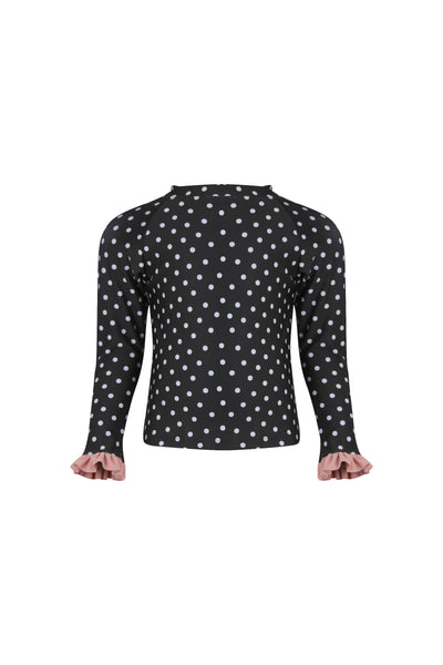 ruffle rashguard (black white polka dot/ribbed blush)