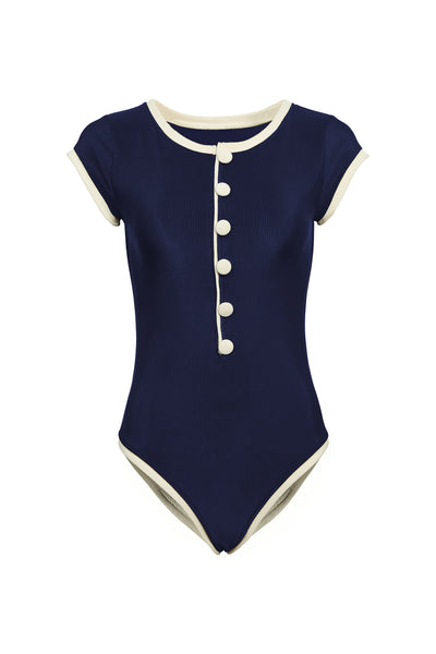 The Grace One Piece (Ribbed Navy/Cream)