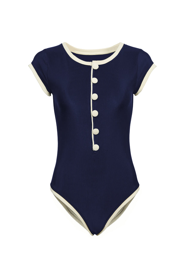 The Grace One Piece (Ribbed Navy/Cream)